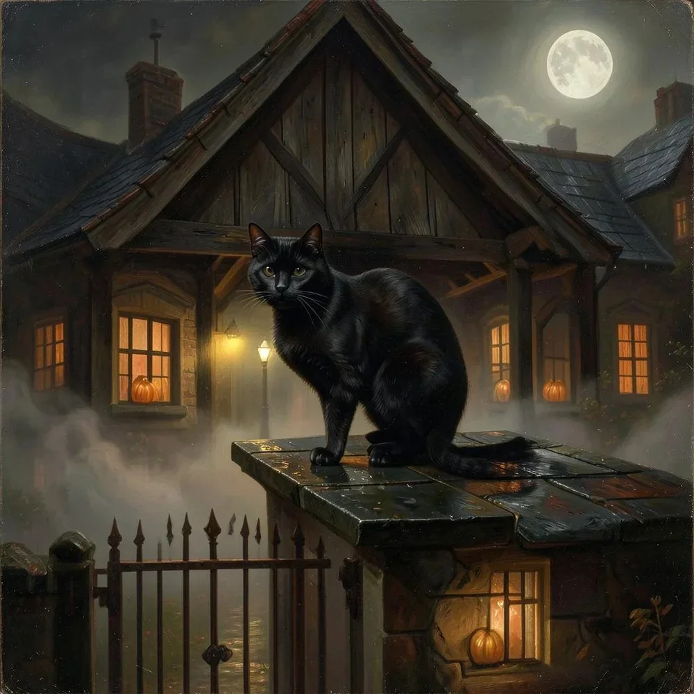 Black Cat Rooftop Halloween Sky cover